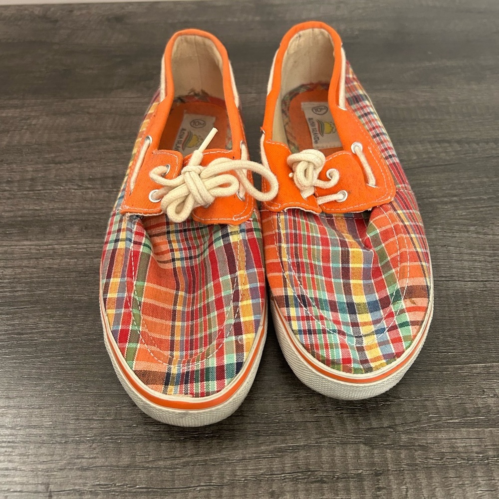 Colorful Preppy & Whimsical Orange Plaid Boat Shoes - Picture 2 of 4
